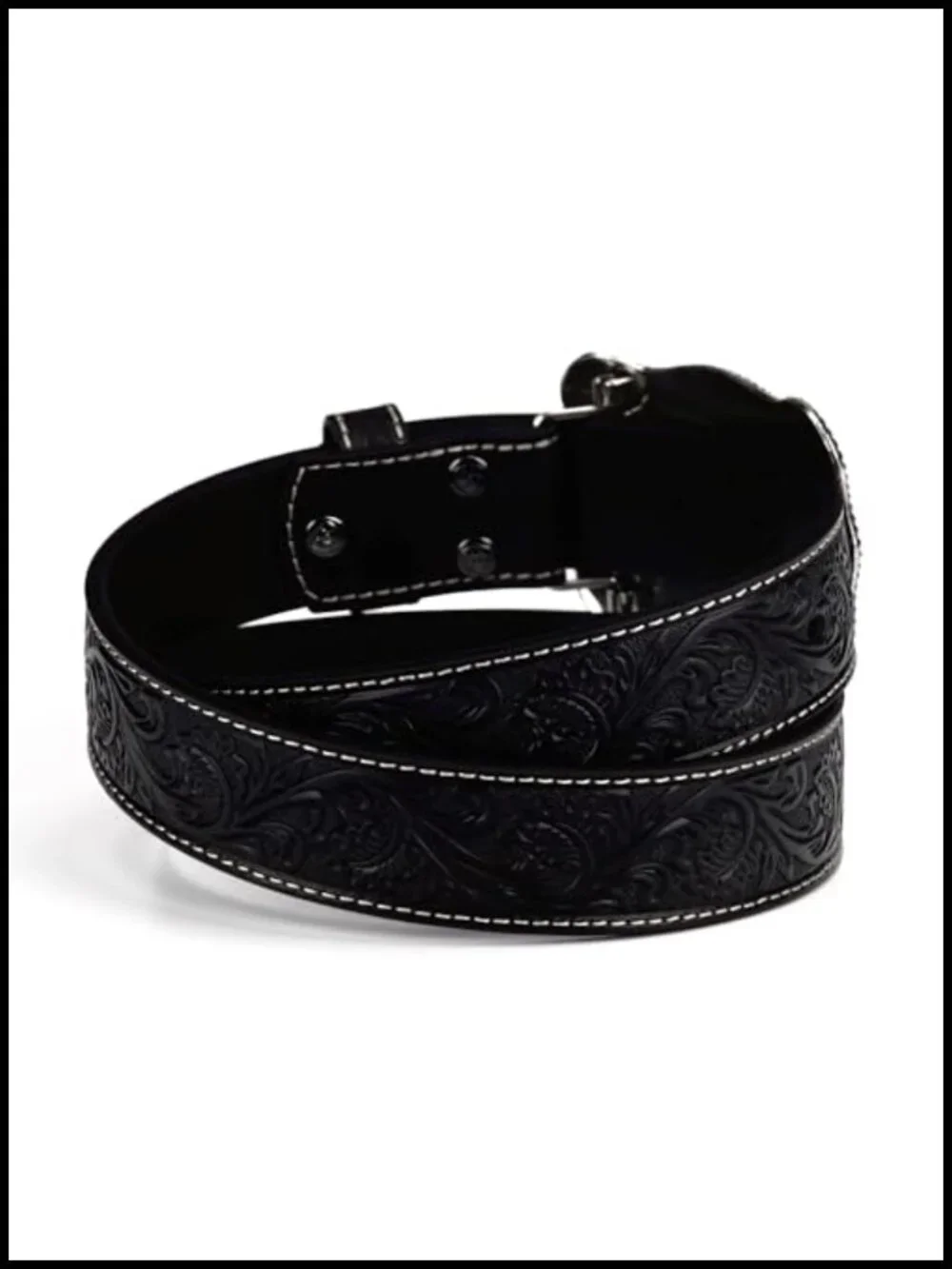 Floral Embossed Leather Men's Belt with Antiqued Silver Buckle